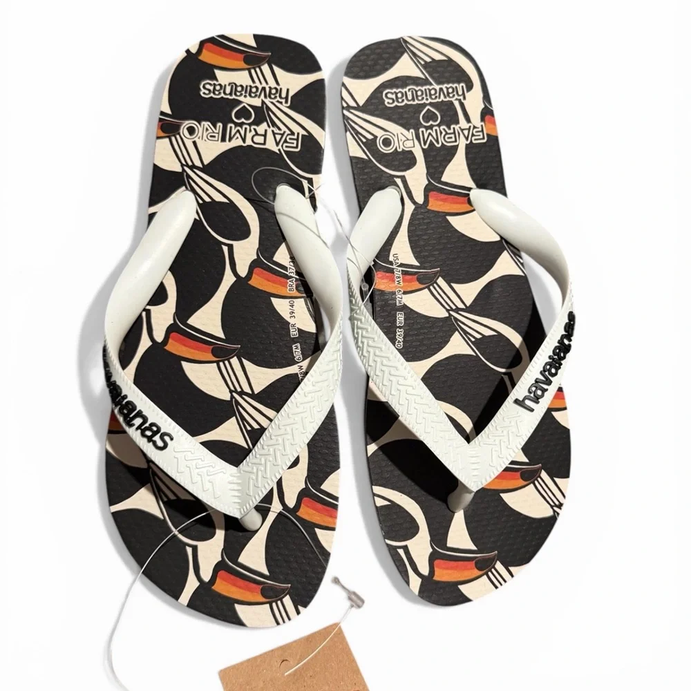 FARM Rio x Havaianas  Black Flip‎ Flops with White Straps and Orange Accent